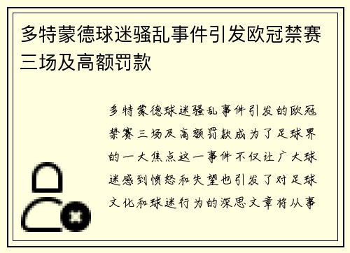 多特蒙德球迷骚乱事件引发欧冠禁赛三场及高额罚款