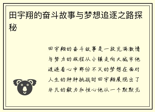 田宇翔的奋斗故事与梦想追逐之路探秘